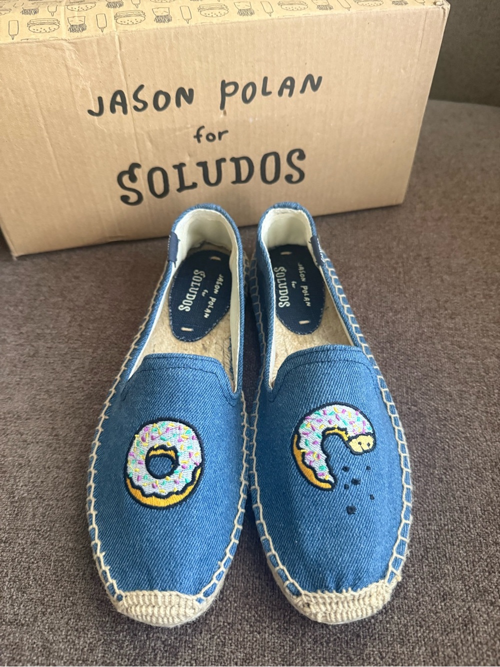 Soludos women’s  Denim Blue Donut Embroidered Slip-Ons